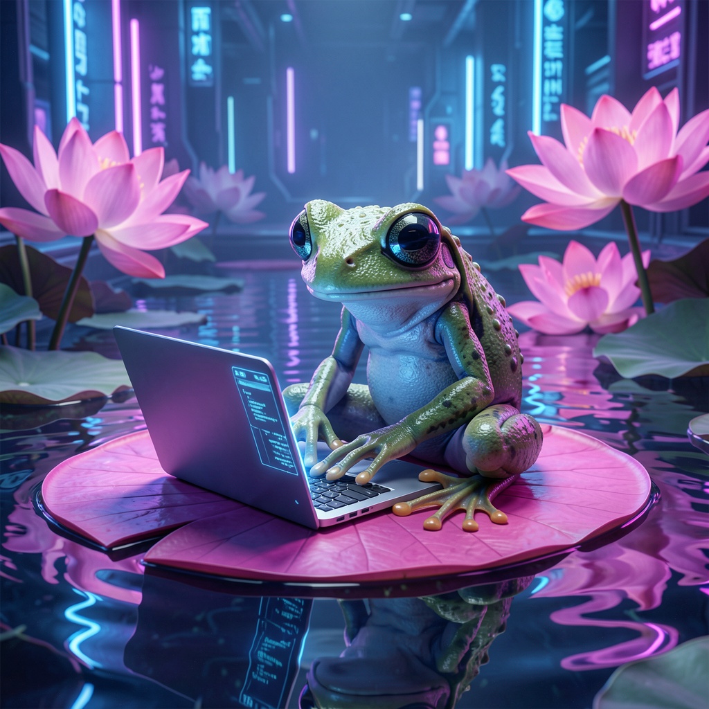 AI-generated alien frog on pink lily pad