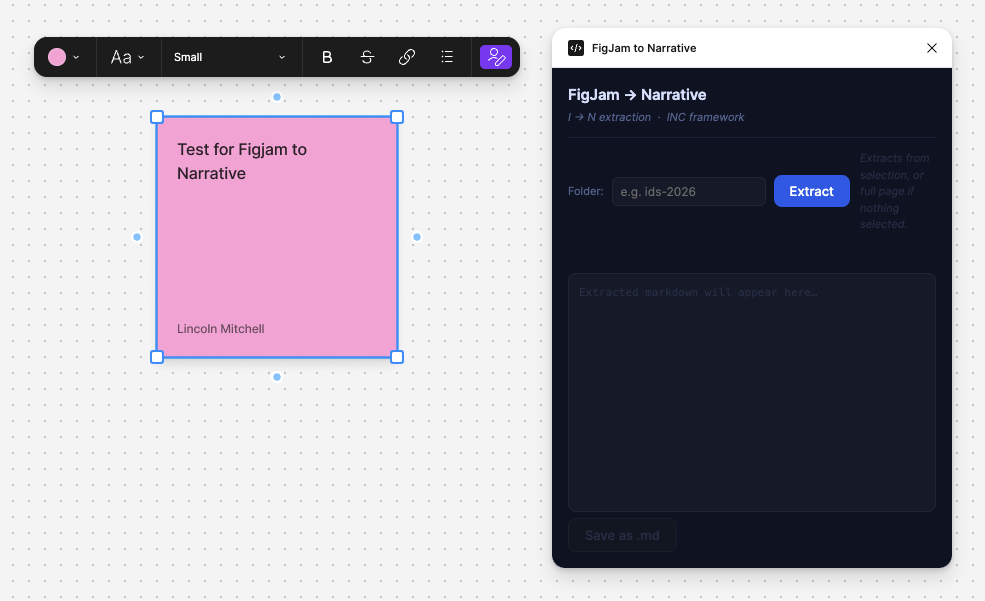 FigJam to Narrative plugin UI with folder input and Extract button