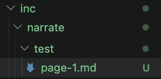 VS Code file tree showing the extracted file in inc/narrate/test/