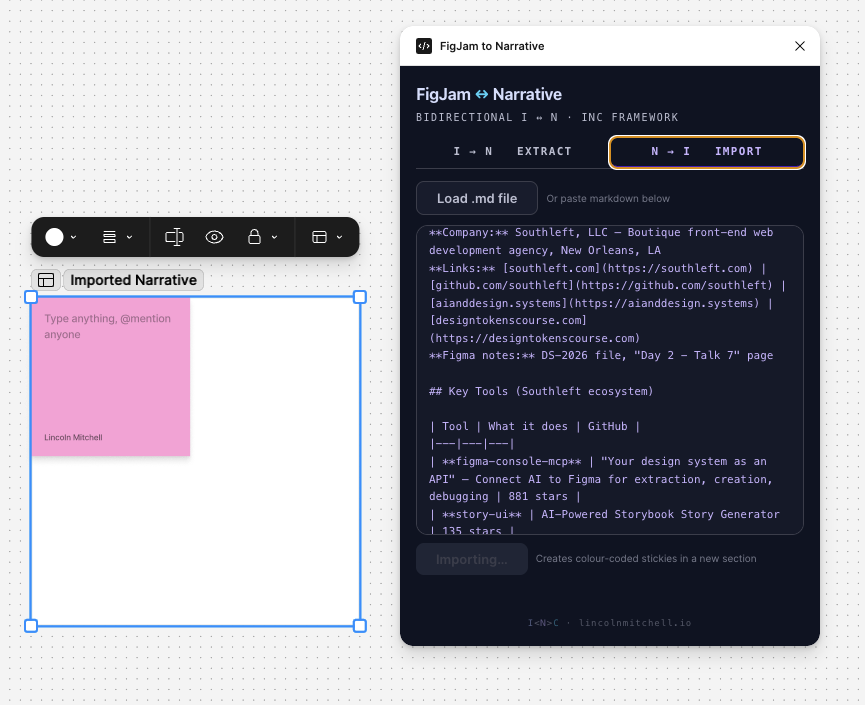 N to I import: markdown loaded into plugin, stickies created in FigJam